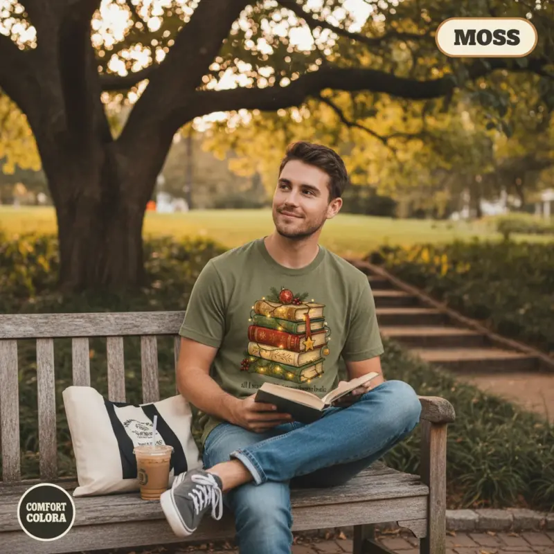 all i want for christmas is more books funny bookish gift garment dyed t shirt holiday reader tee outdoor reading male moss