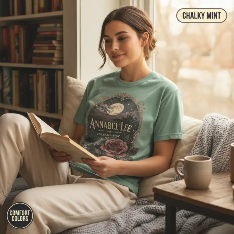 annabel lee edgar allan poe t shirt reading nook female young chalky mint