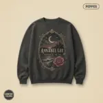Pepper garment-dyed crewneck sweatshirt with gothic typographic Annabel Lee stanza by Edgar Allan Poe printed at front chest center