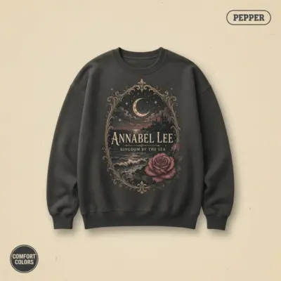 Pepper garment-dyed crewneck sweatshirt with gothic typographic Annabel Lee stanza by Edgar Allan Poe printed at front chest center