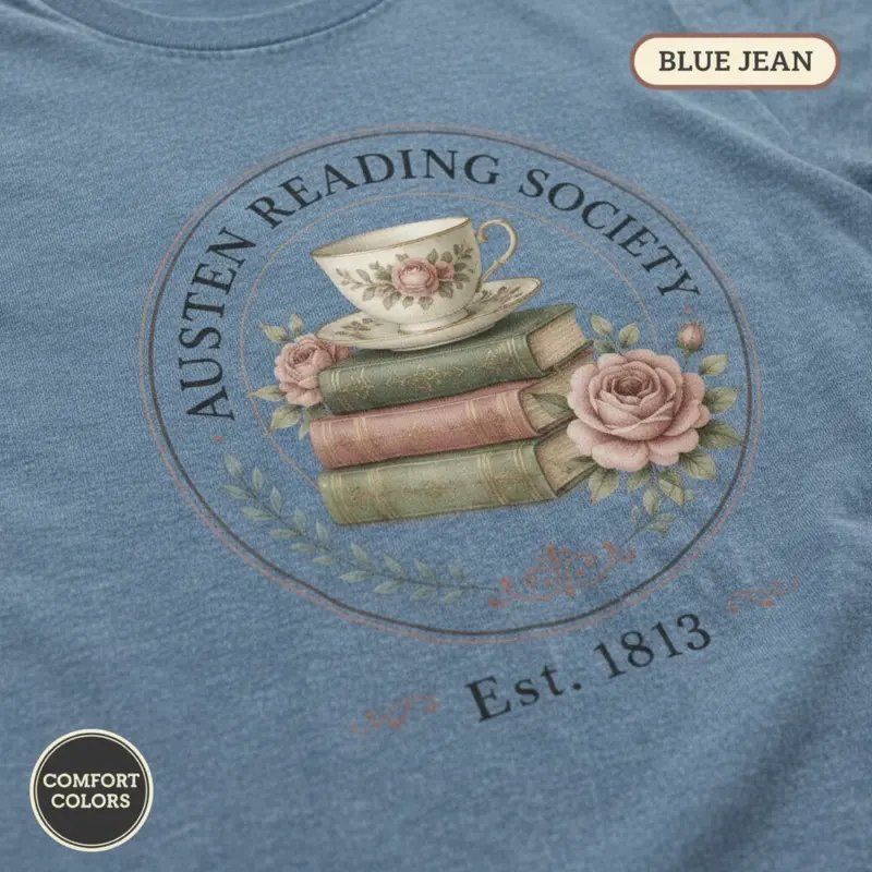 austen reading society vintage jane austen garment dyed t shirt classic literature gift tee closeup detail blue jean