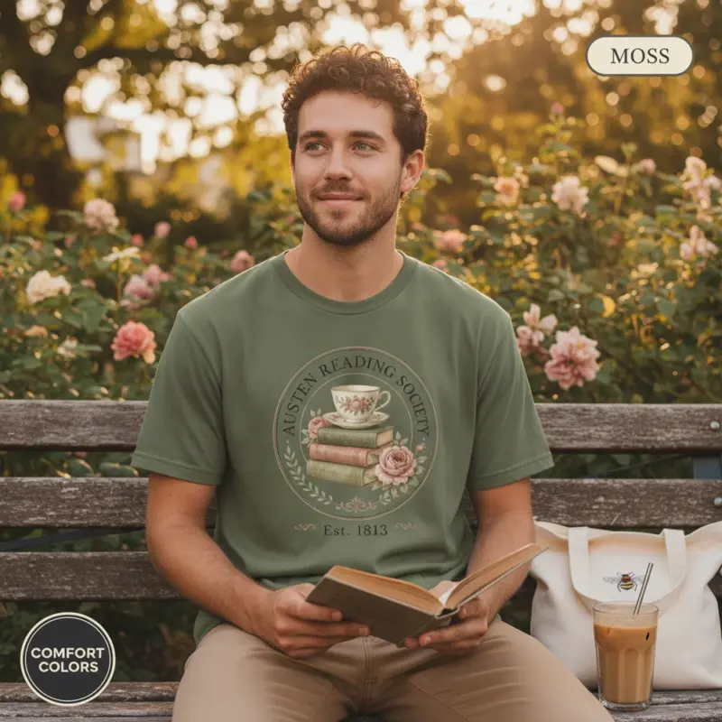 austen reading society vintage jane austen garment dyed t shirt classic literature gift tee outdoor reading male moss