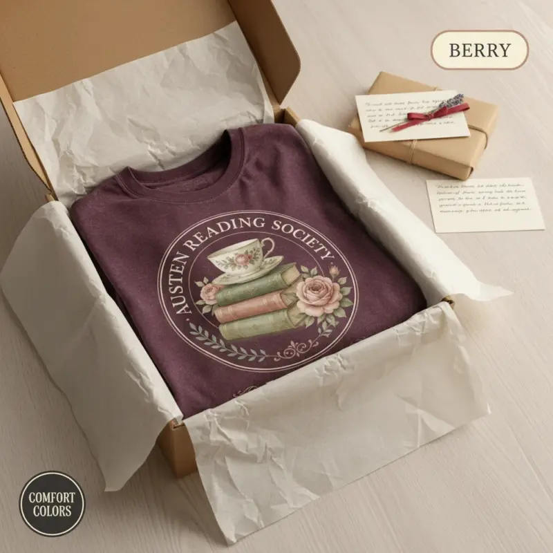 austen reading society vintage jane austen garment dyed t shirt classic literature gift tee packaging bookish berry