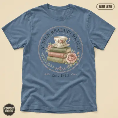 Blue Jean Comfort Colors garment-dyed tee featuring a vintage Austen Reading Society circular badge graphic in classic serif typography
