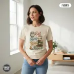 book lover gift garment dyed t shirt eat sleep read repeat bookish gift for her casual indoor female mature ivory