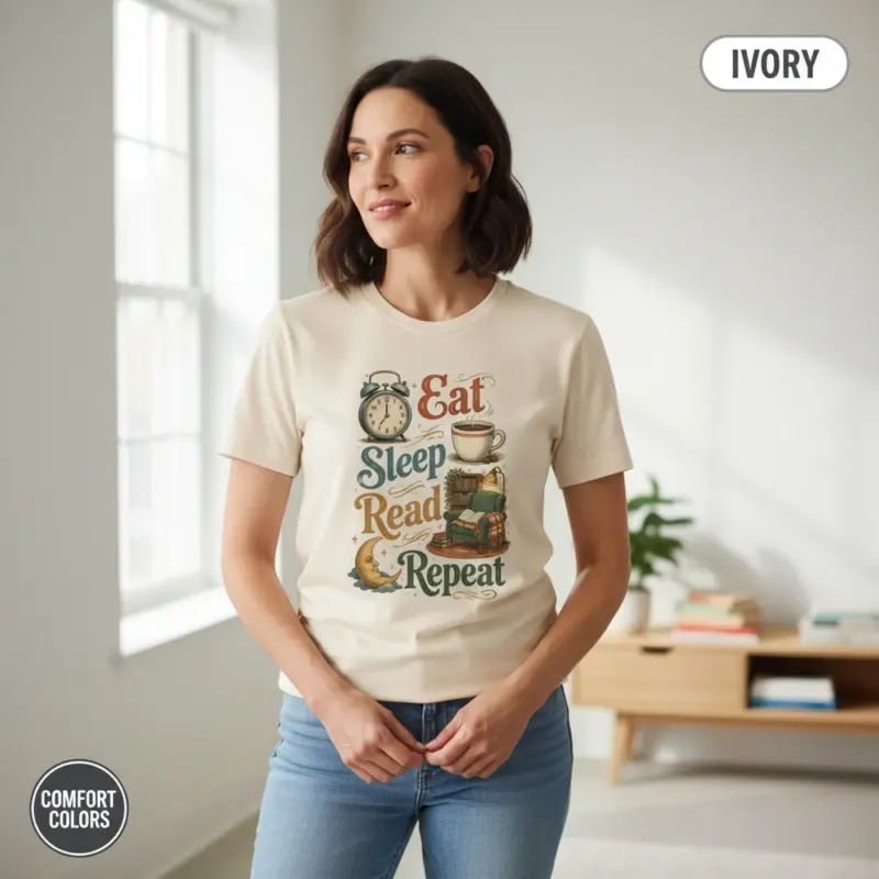 book lover gift garment dyed t shirt eat sleep read repeat bookish gift for her casual indoor female mature ivory