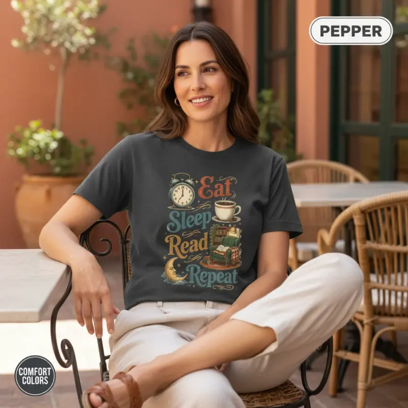 book lover gift garment dyed t shirt eat sleep read repeat bookish gift for her mature female pepper