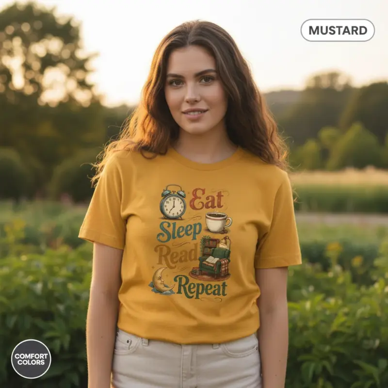 book lover gift garment dyed t shirt eat sleep read repeat bookish gift for her outdoor natural female mustard