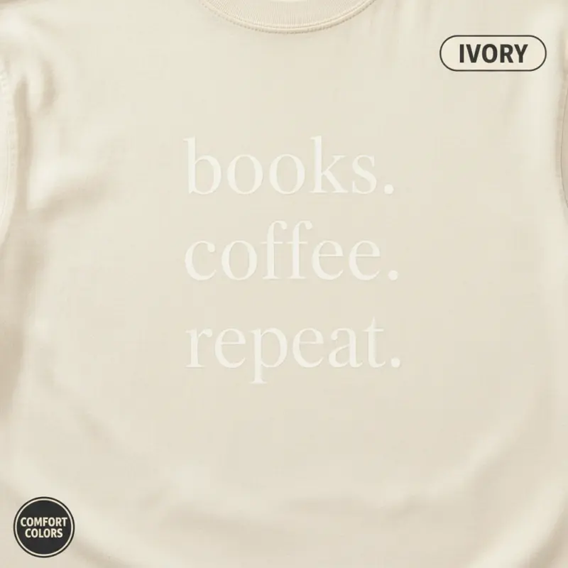 books coffee repeat minimalist bookish garment dyed t shirt cozy reader gift tee closeup detail ivory