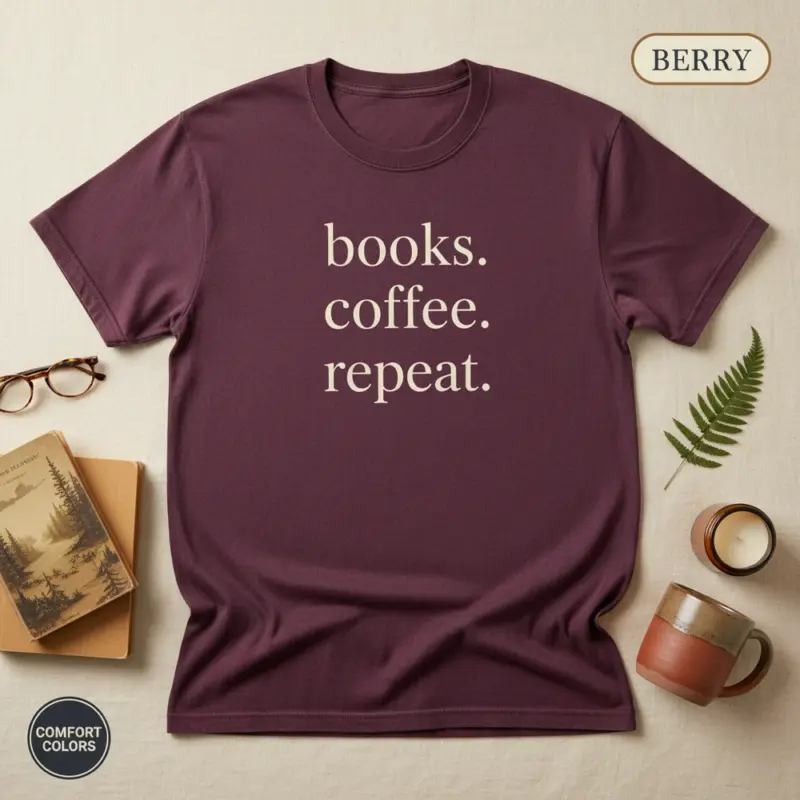 books coffee repeat minimalist bookish garment dyed t shirt cozy reader gift tee flatlay bookish berry