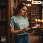 books coffee repeat minimalist bookish garment dyed t shirt cozy reader gift tee library female chalky mint