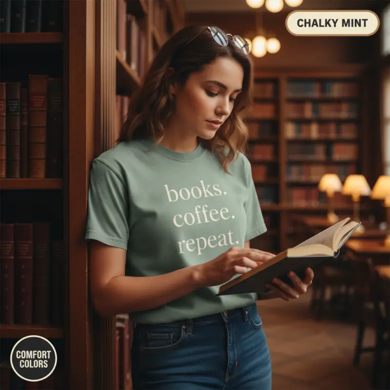 books coffee repeat minimalist bookish garment dyed t shirt cozy reader gift tee library female chalky mint