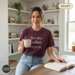 books coffee repeat minimalist bookish garment dyed t shirt cozy reader gift tee mature female berry