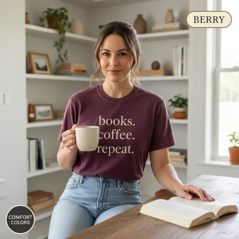 books coffee repeat minimalist bookish garment dyed t shirt cozy reader gift tee mature female berry