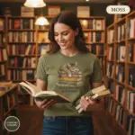 cats books and naps funny bookworm cat garment dyed t shirt cozy reader tee bookstore female mid moss