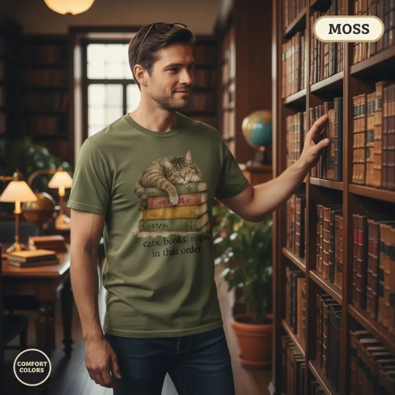 cats books and naps funny bookworm cat garment dyed t shirt cozy reader tee library male moss