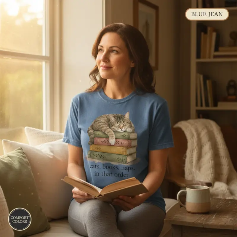 cats books and naps funny bookworm cat garment dyed t shirt cozy reader tee reading nook female mature blue jean