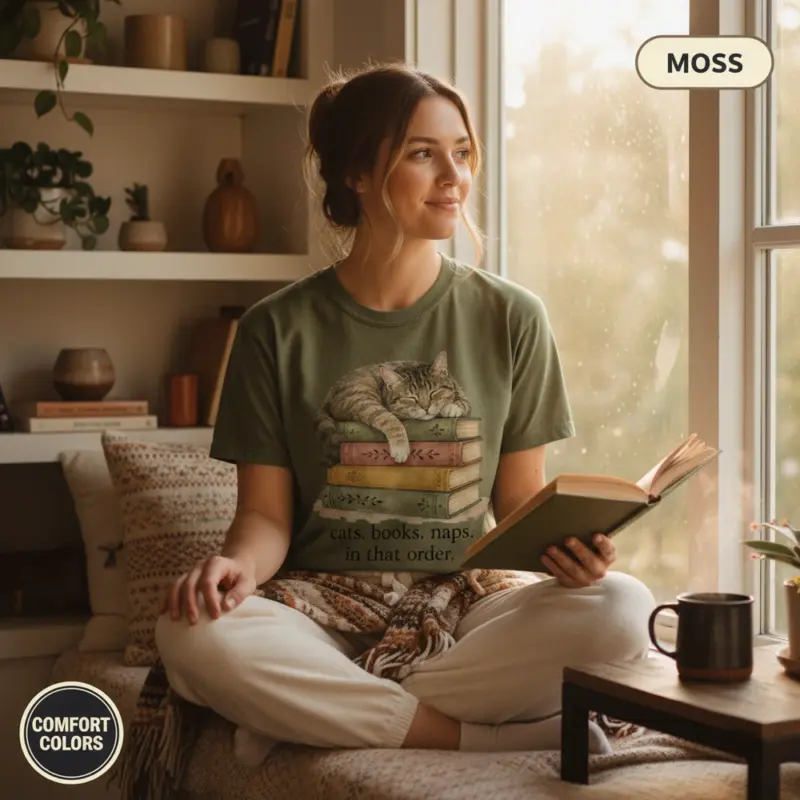 cats books and naps funny bookworm cat garment dyed t shirt cozy reader tee reading nook female young moss