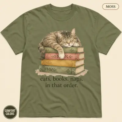 Moss garment-dyed Comfort Colors t-shirt with funny cats books and naps bookworm cat illustration, front view