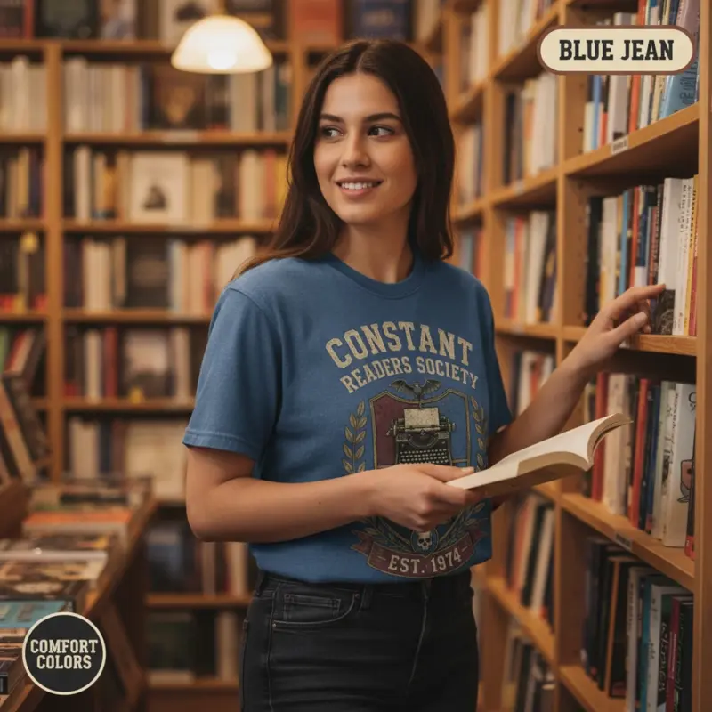 constant readers society est 1974 horror book club t shirt bookstore female young blue jean