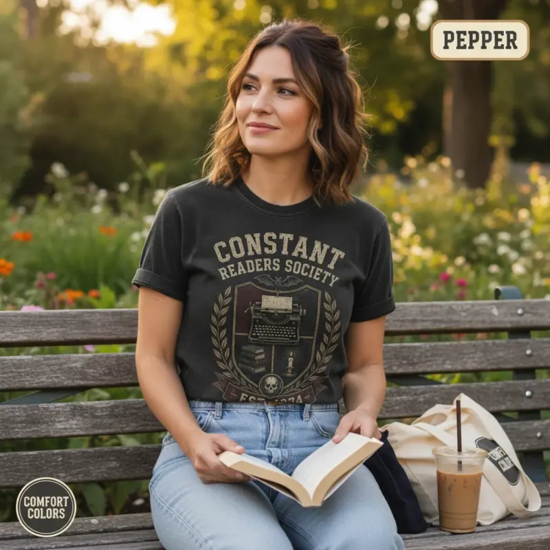 constant readers society est 1974 horror book club t shirt outdoor reading female pepper