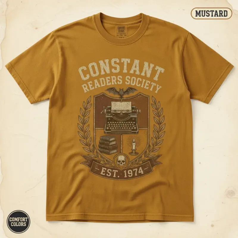 constant readers society est 1974 horror book club t shirt studio frontal mustard
