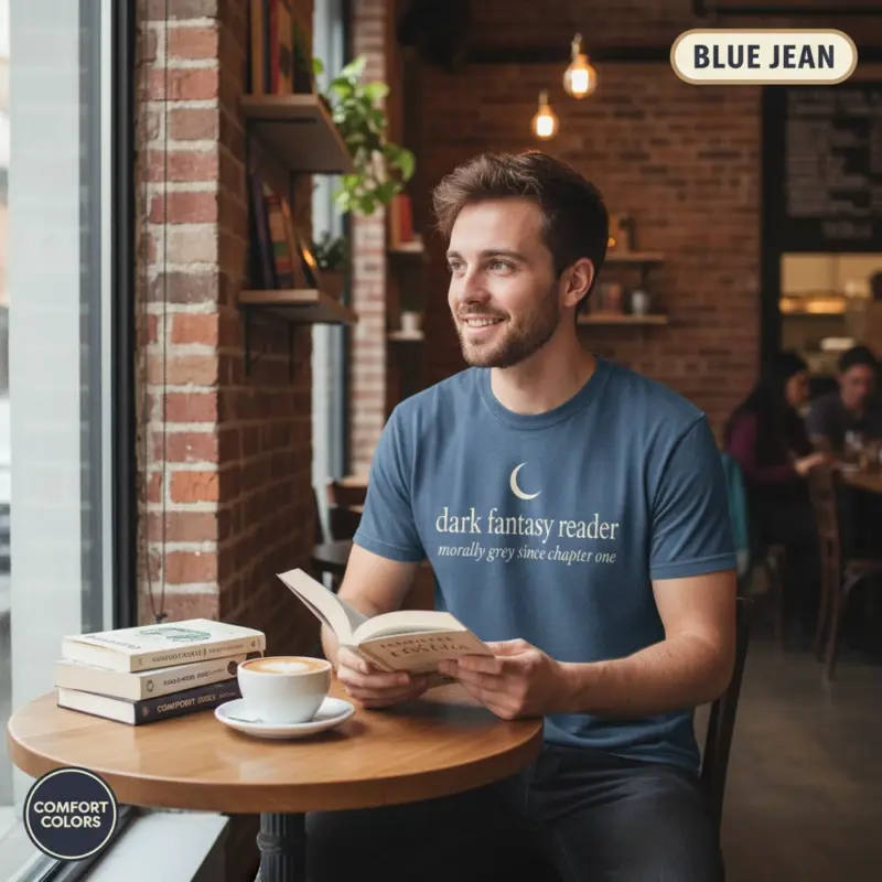 dark fantasy reader bookish garment dyed t shirt romantasy gothic literature tee coffee shop male blue jean