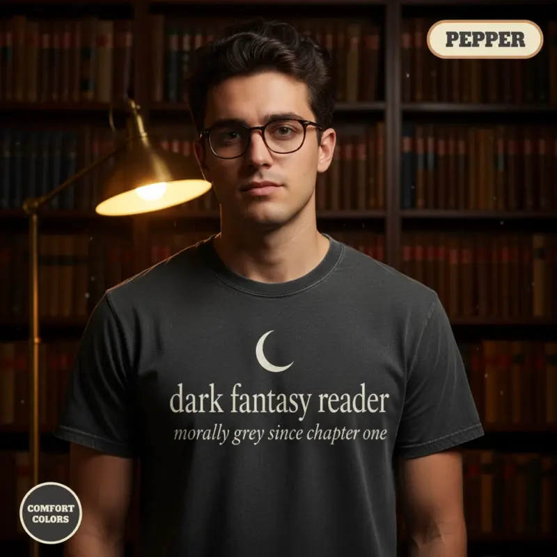 dark fantasy reader bookish garment dyed t shirt romantasy gothic literature tee creative male pepper