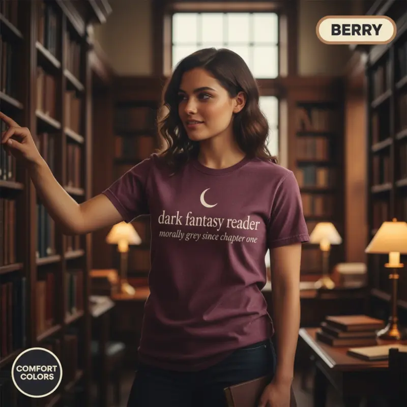 dark fantasy reader bookish garment dyed t shirt romantasy gothic literature tee library female berry