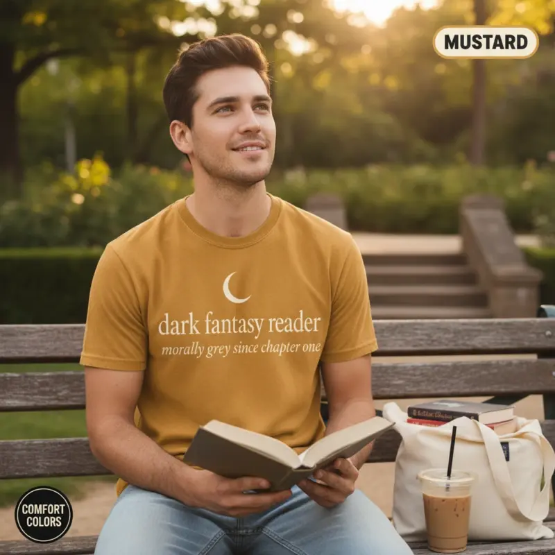 dark fantasy reader bookish garment dyed t shirt romantasy gothic literature tee outdoor reading male mustard