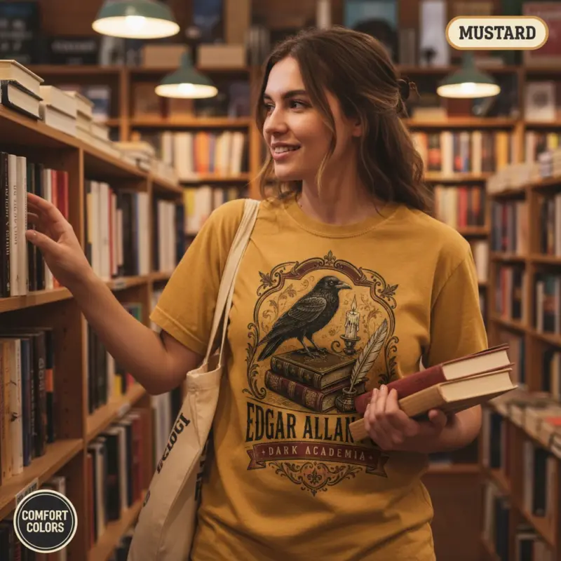 edgar allan poe dark academia t shirt bookstore female young mustard