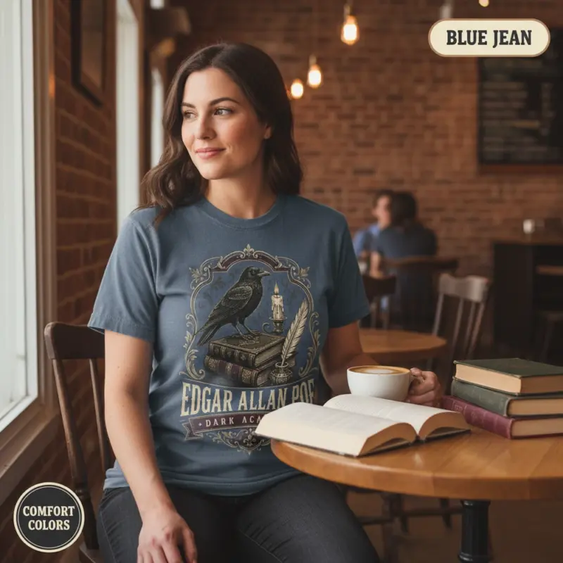 edgar allan poe dark academia t shirt coffee shop female blue jean