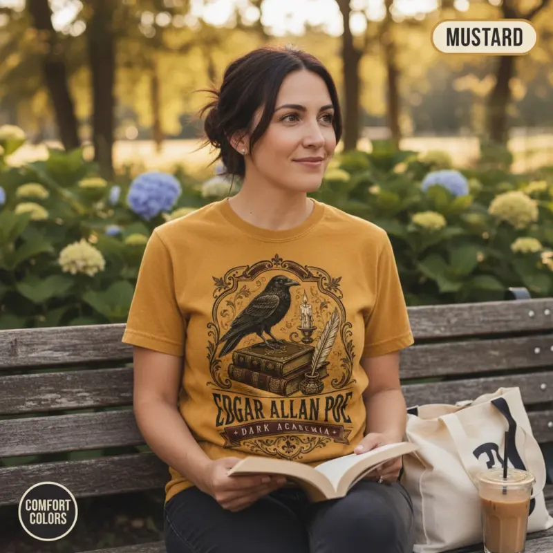 edgar allan poe dark academia t shirt outdoor reading female mustard