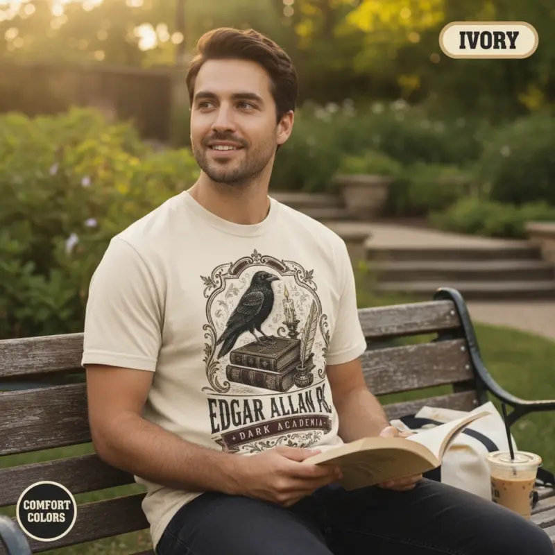 edgar allan poe dark academia t shirt outdoor reading male ivory
