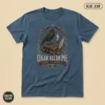 Blue Jean Comfort Colors garment-dyed t-shirt with dark academia Edgar Allan Poe gothic portrait graphic -- front studio view