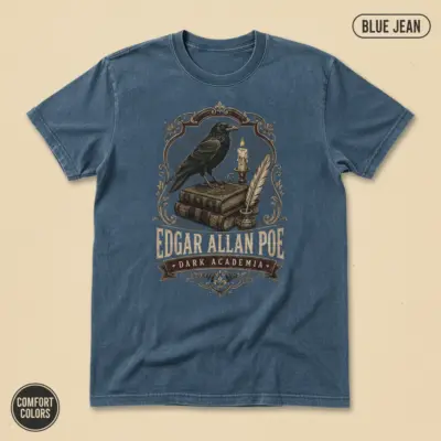 Blue Jean Comfort Colors garment-dyed t-shirt with dark academia Edgar Allan Poe gothic portrait graphic -- front studio view
