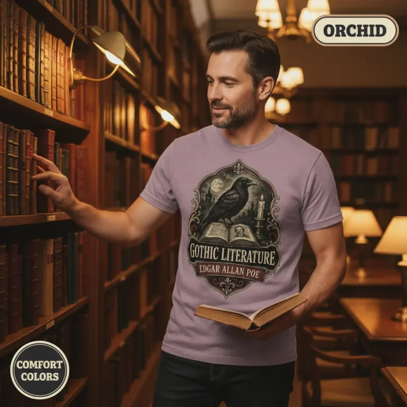 edgar allan poe gothic literature t shirt library male orchid
