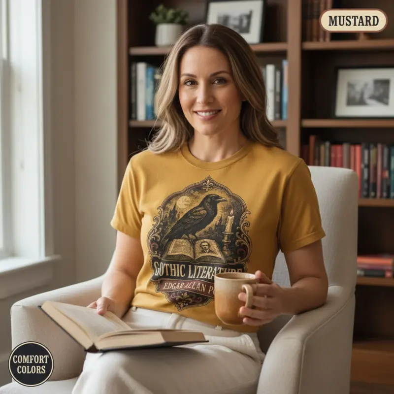 edgar allan poe gothic literature t shirt mature female mustard