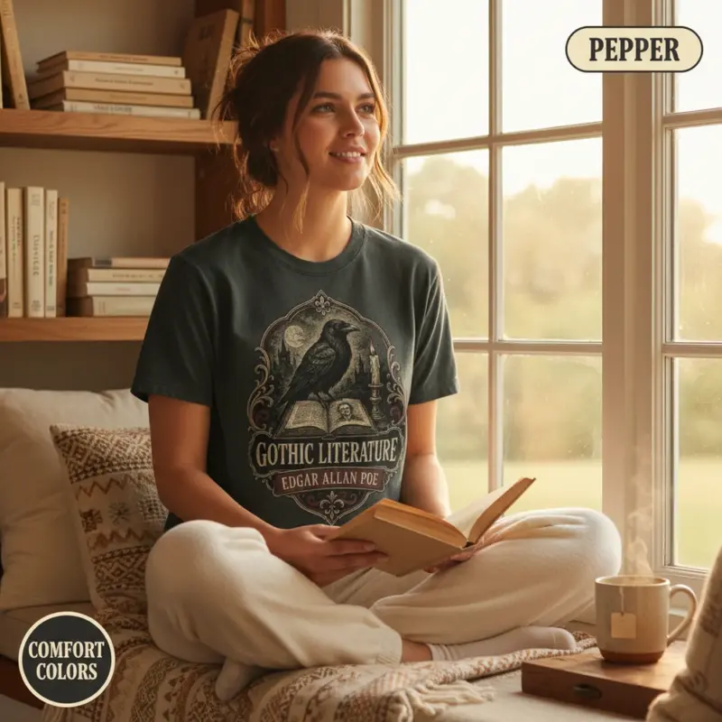 edgar allan poe gothic literature t shirt reading nook female young pepper