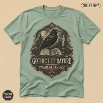 Chalky mint Comfort Colors t-shirt with Edgar Allan Poe portrait and Gothic typography printed on front chest center