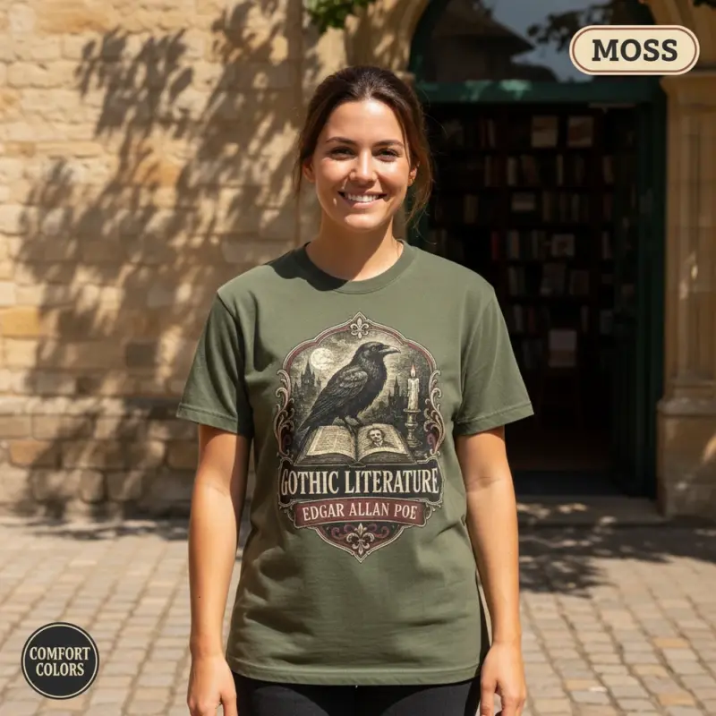 edgar allan poe gothic literature t shirt sunlight female moss