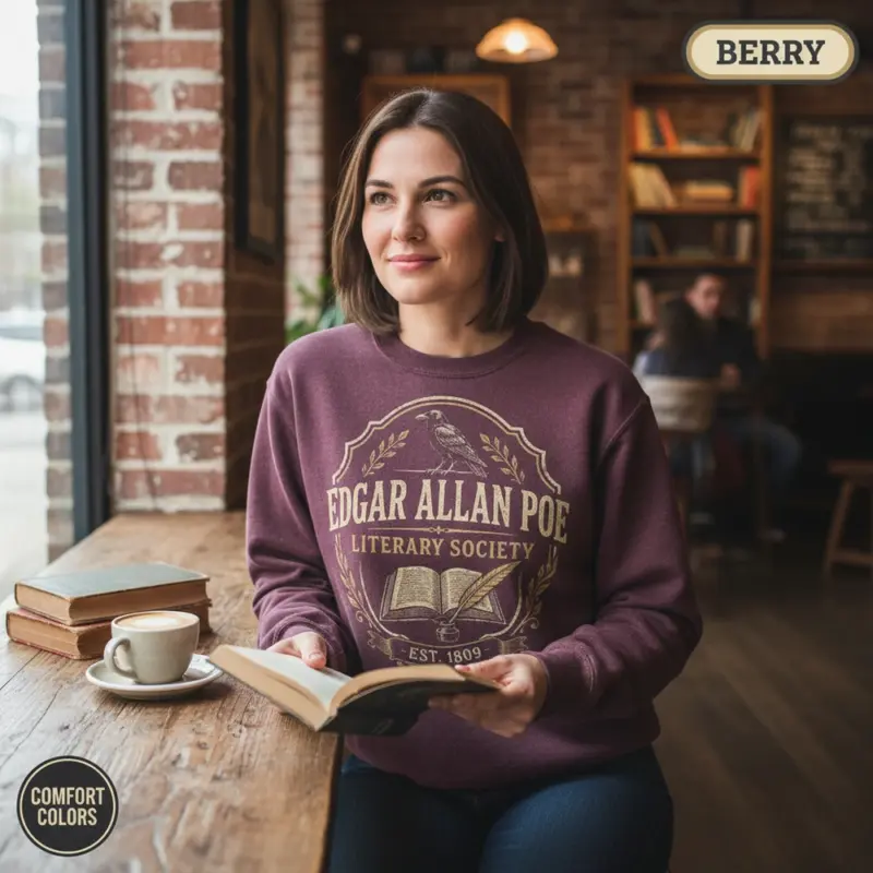 edgar allan poe literary society crewneck sweatshirt coffee shop female berry
