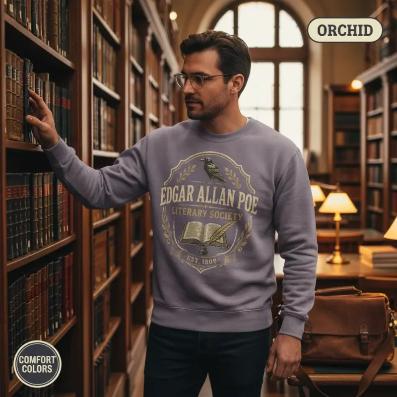 edgar allan poe literary society crewneck sweatshirt library male orchid