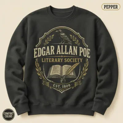 Pepper garment-dyed crewneck sweatshirt with vintage Edgar Allan Poe Literary Society badge graphic – front chest center