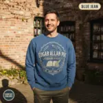 edgar allan poe literary society crewneck sweatshirt sunlight male blue jean
