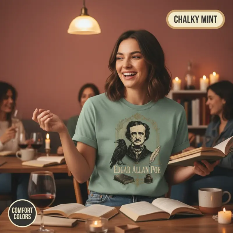 edgar allan poe portrait vintage book lover t shirt book club female chalky mint