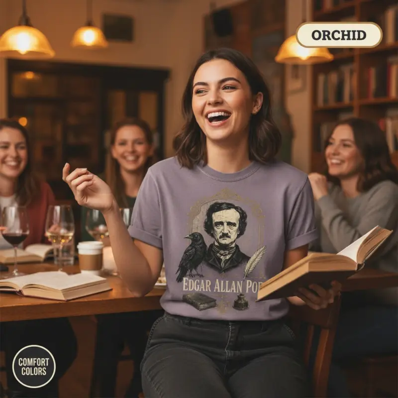 edgar allan poe portrait vintage book lover t shirt book club female orchid