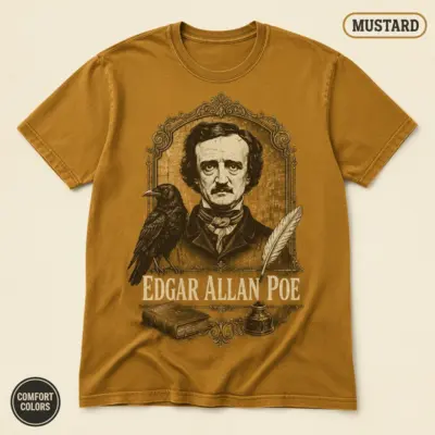 Mustard Comfort Colors t-shirt with vintage engraved Edgar Allan Poe portrait graphic, front view, studio shot