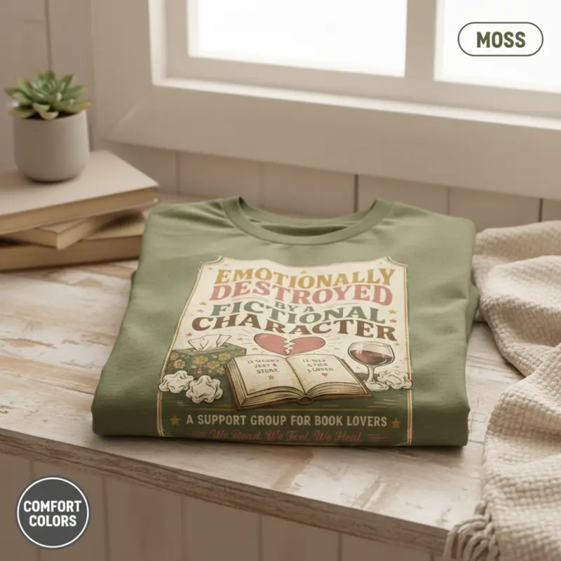 emotionally damaged by a fictional character funny bookish garment dyed t shirt fantasy romance read interior moss