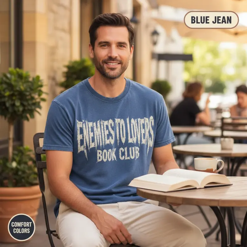 enemies to lovers book club romance trope garment dyed t shirt bookish reader tee mature male blue jean